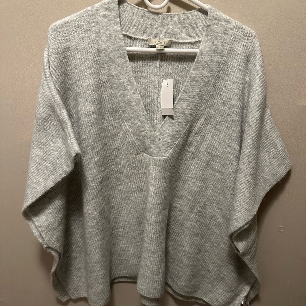 LOFT Heather Gray V-Neck Poncho Sweater